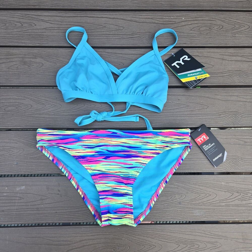 TYR Durafast Solid Triangle Top & Bonzai Bottom  Blue/multi Bikini Set S NWT